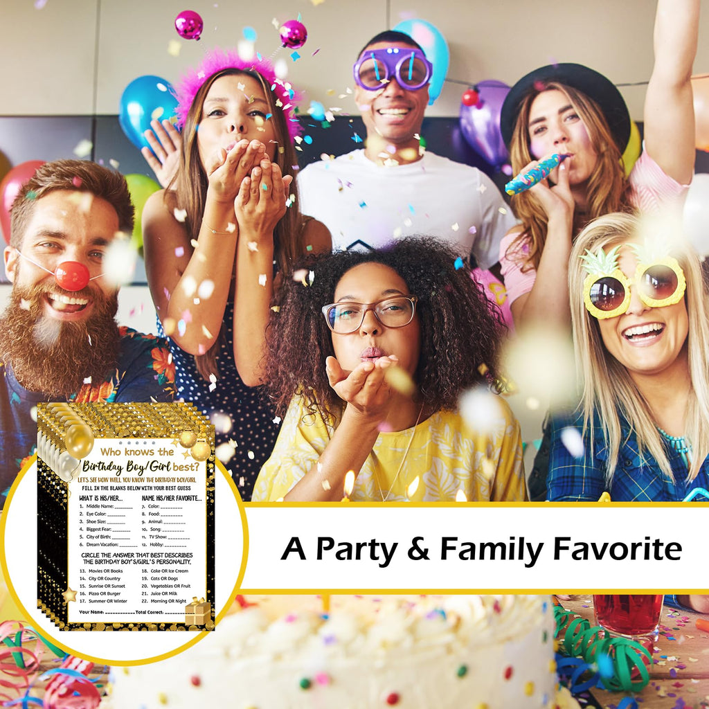 HOMANGA Who Knows The Birthday Boy Girl Best, Birthday Game Cards for Party Activities, Birthday Game Cards for Teens Kids Girls Boys Sleepover Party - Set of 30 (Black Gold, Double-Sided)