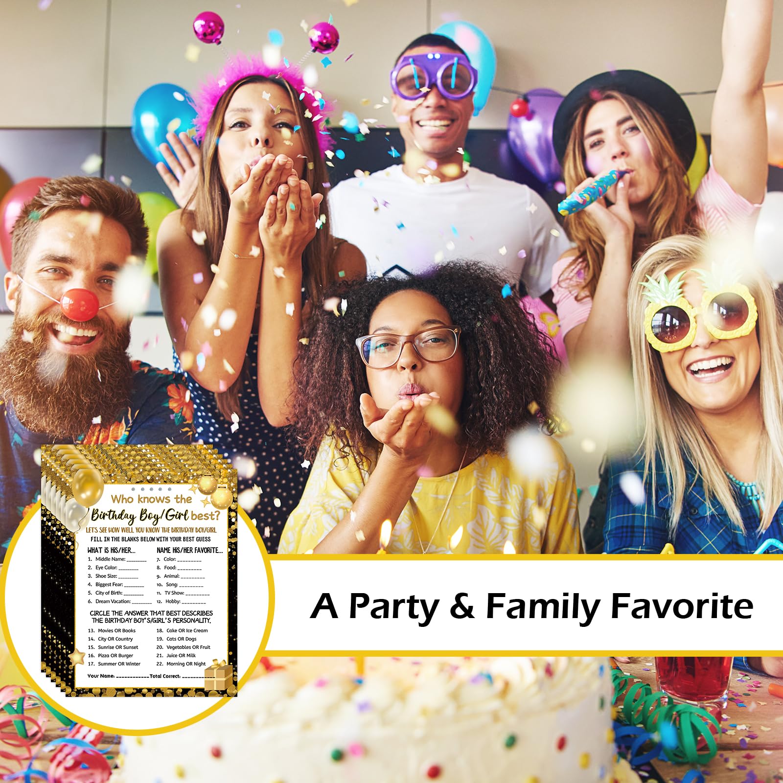 HOMANGA Who Knows The Birthday Boy Girl Best, Birthday Game Cards for Party Activities, Birthday Game Cards for Teens Kids Girls Boys Sleepover Party - Set of 30 (Black Gold, Double-Sided)
