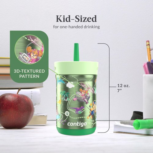 Contigo Kids Leighton Spill-Proof Stainless Steel Paw Patrol Tumbler with Straw, 12oz, Dino Treks, Green