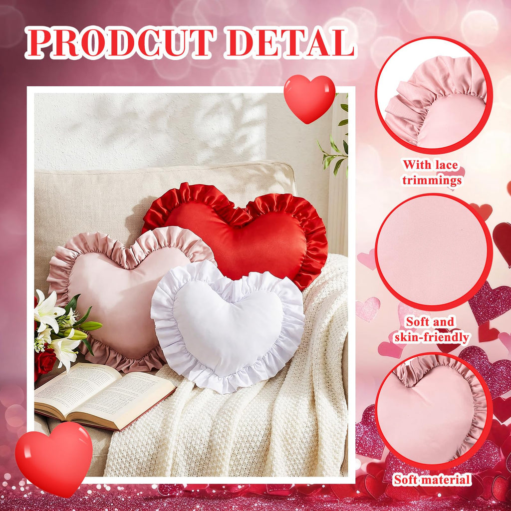 Tingjoo Heart Shaped Throw Pillow Set of 3, Ruffle Valentine's Day Pillows for Couch Sofa Bed, Red Pink White Love Decorative Plush Cushions, Cute Romantic Anniversary Home Decor, Gift for Her