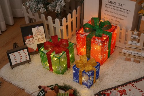 Christmas Light Up Gift Box Set (3 Pcs) - 8 Lighting Modes Battery Powered, Festive Holiday Decorations for Indoor Outdoor Tree, Yard, Home