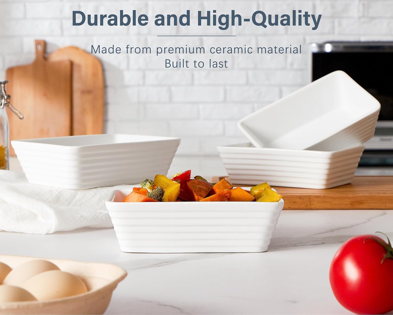 ONEMORE Small Baking Dish - Rectangle Ceramic Casserole for Oven | Set of 4, 5x7, White, Ideal for 1-2 Persons