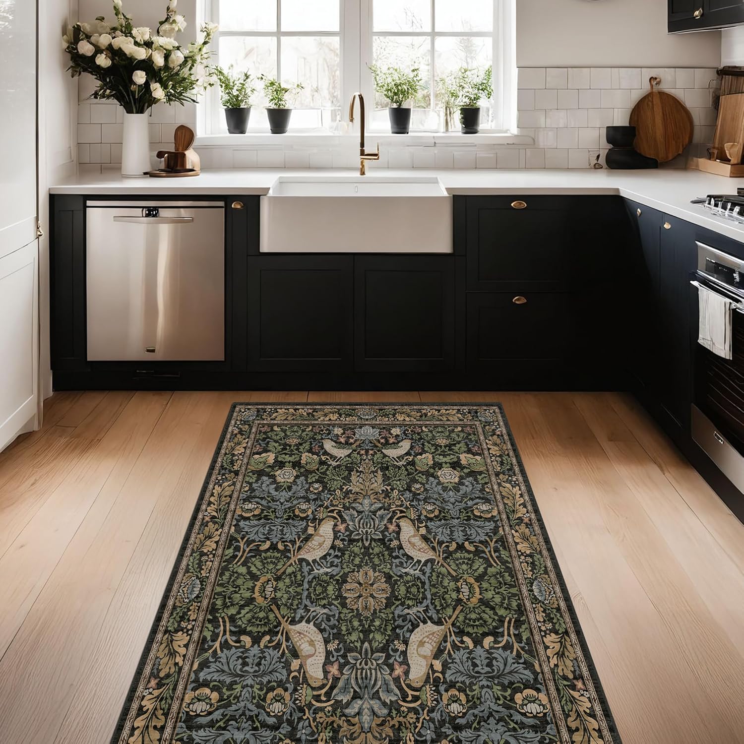 Skiennix Large Entryway Rug - 3x5 Washable Indoor Mat with Moody Woodland Flowers | Non-Slip, Stain Resistant