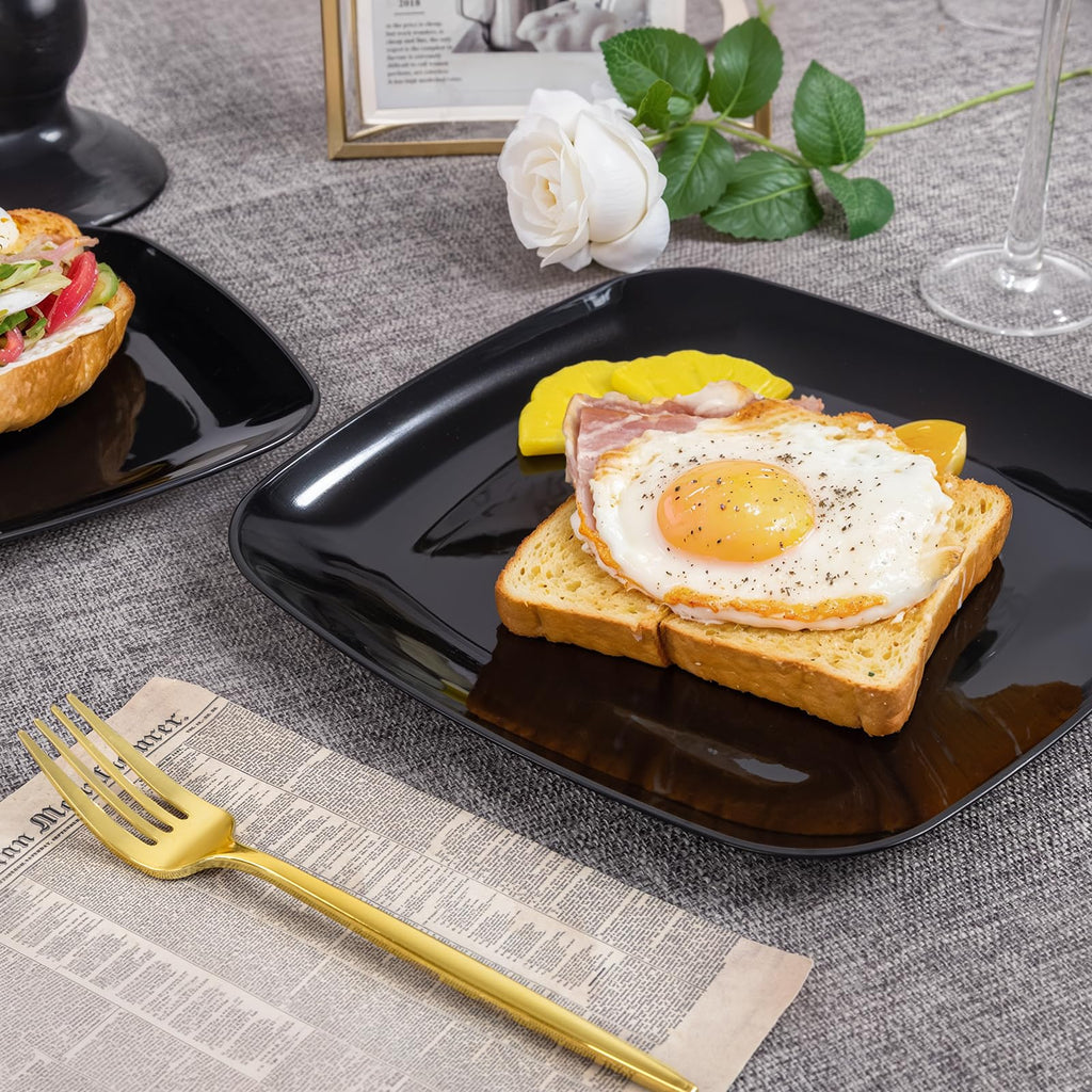 PULOTE 100 PCS Black Square Plastic Plates Disposable - Include 50 Each (10" Dinner & 7.25" Dessert) Plates - Ideal for Party & Graduation