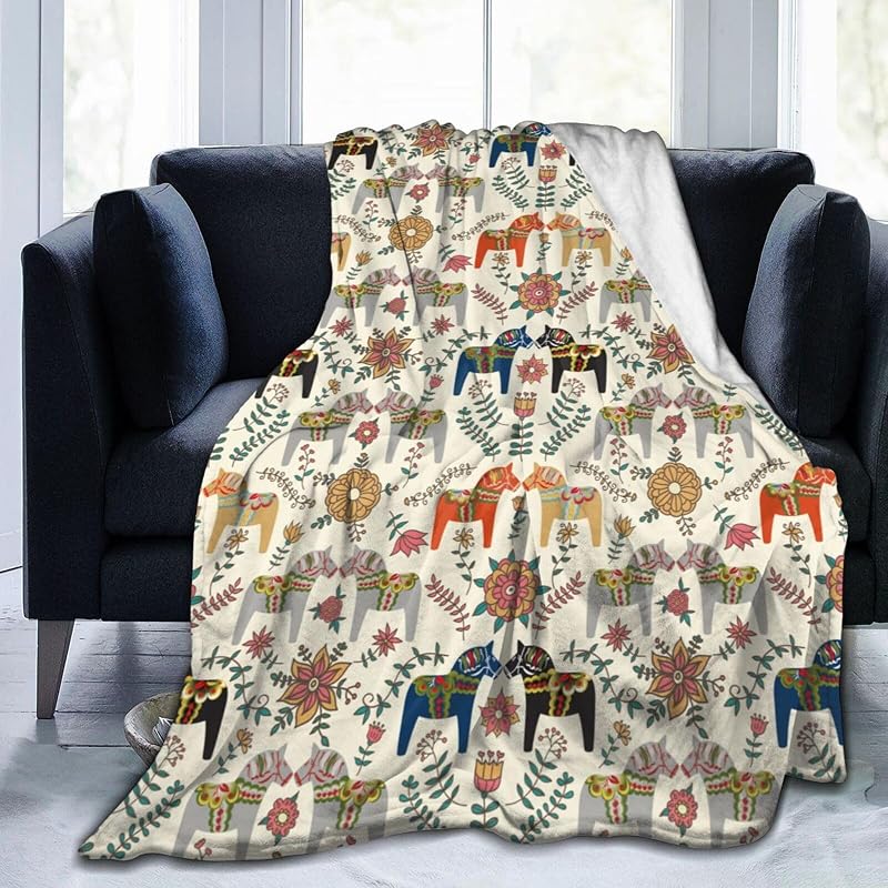 Horse Throw Blanket 80x60 Inches - Swedish Dala Horses Gift for Men Women Kids - Light Wool-Feel Flannel