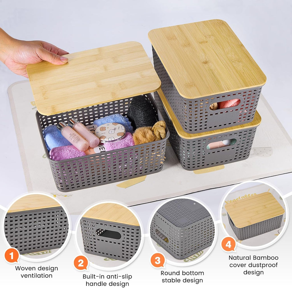 Skiennix Plastic Storage Baskets - Stackable Containers with Bamboo Lid | 6-Pack Gray for Organizing Shelves and Desks