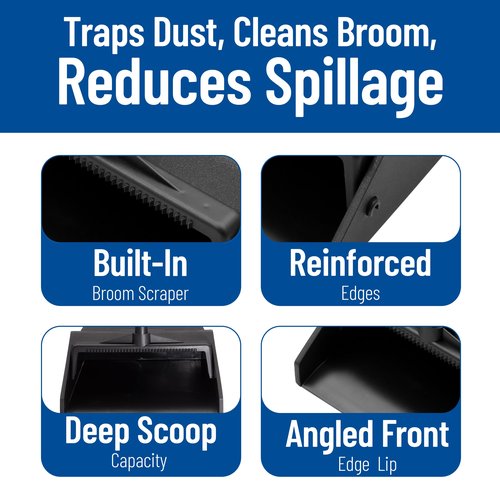 SPARTA Plastic Dust Pan, Upright Pan With 2 Piece Handle For Cleaning, 11 X 12 X 3.5 Inches, Black