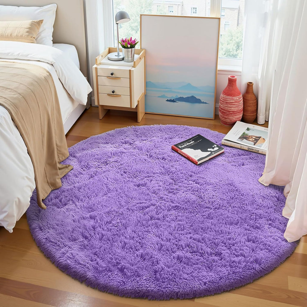 OLANLY Purple Round Area Rug - Soft, Fluffy, Machine Washable 7 ft Circle Carpet for Bedrooms & Nurseries