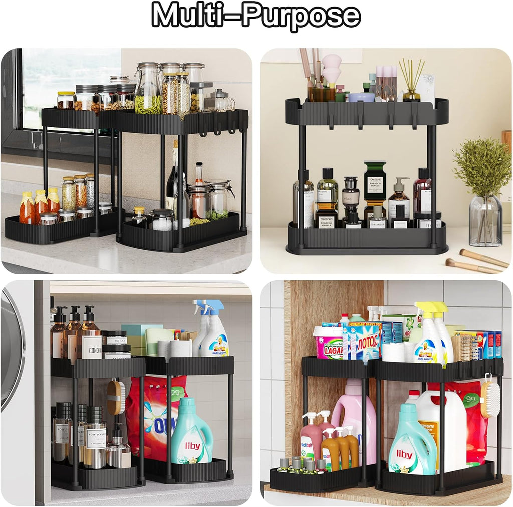 Ukeetap Multi-Purpose Pull-Out Storage Organizers - Under Sink & Cabinet Storage for Bathroom & Kitchen | Black, 12.8 Inches, 2 Packs