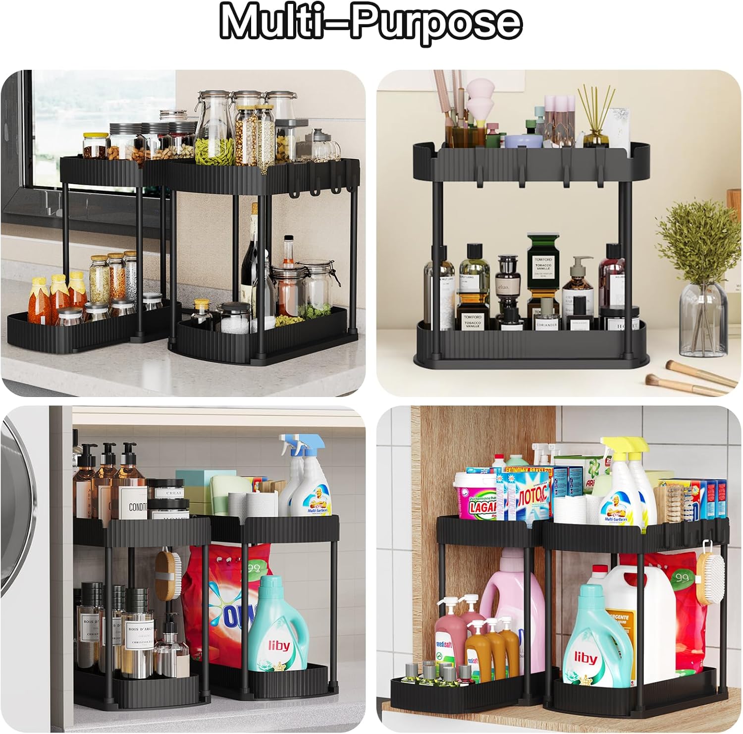 Ukeetap Multi-Purpose Pull-Out Storage Organizers - Under Sink & Cabinet Storage for Bathroom & Kitchen | Black, 12.8 Inches, 2 Packs