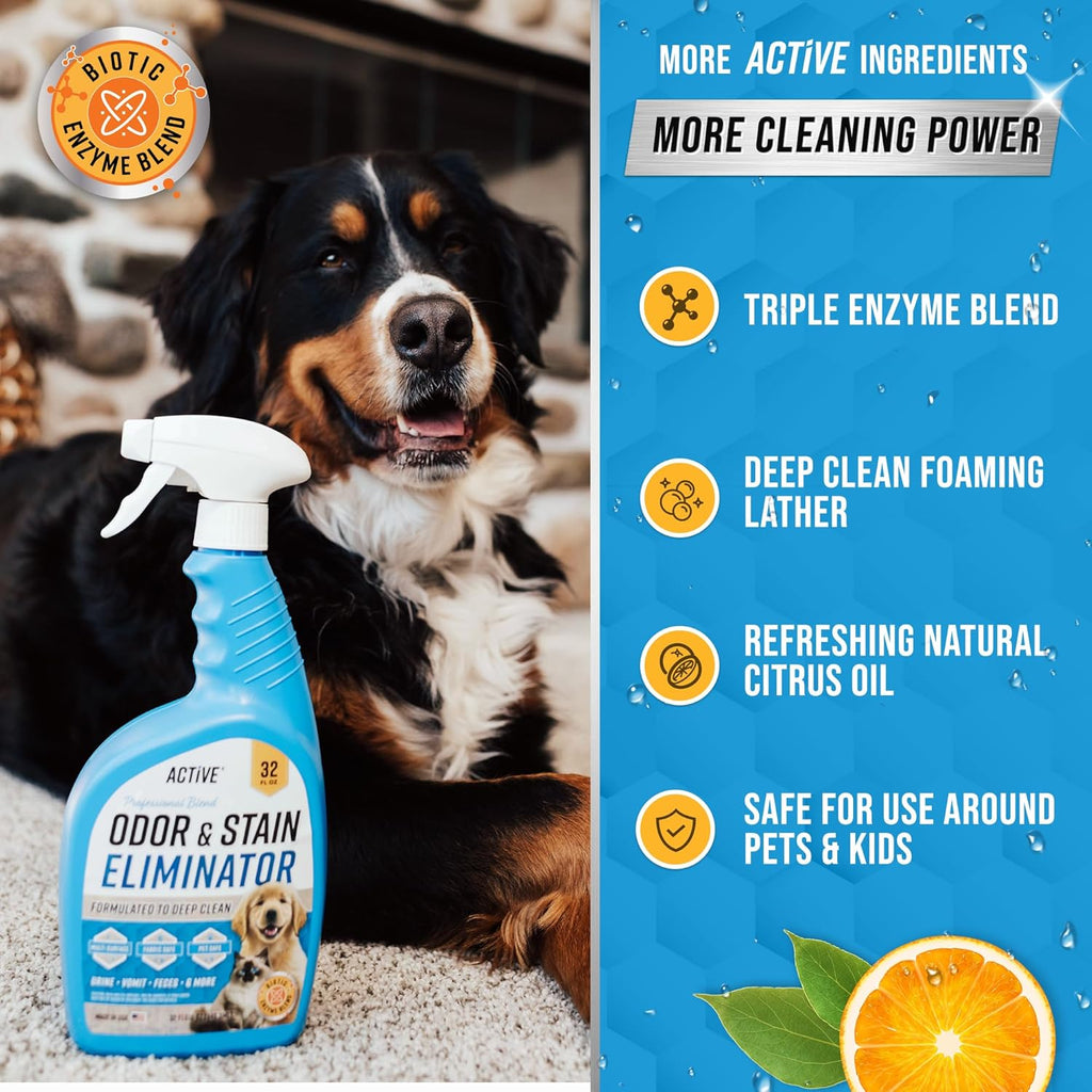 Pet Odor and Stain Eliminator by ACTIVE - 32 oz Enzyme Cleaner for Dog & Cat Urine | Natural Citrus Deodorizer