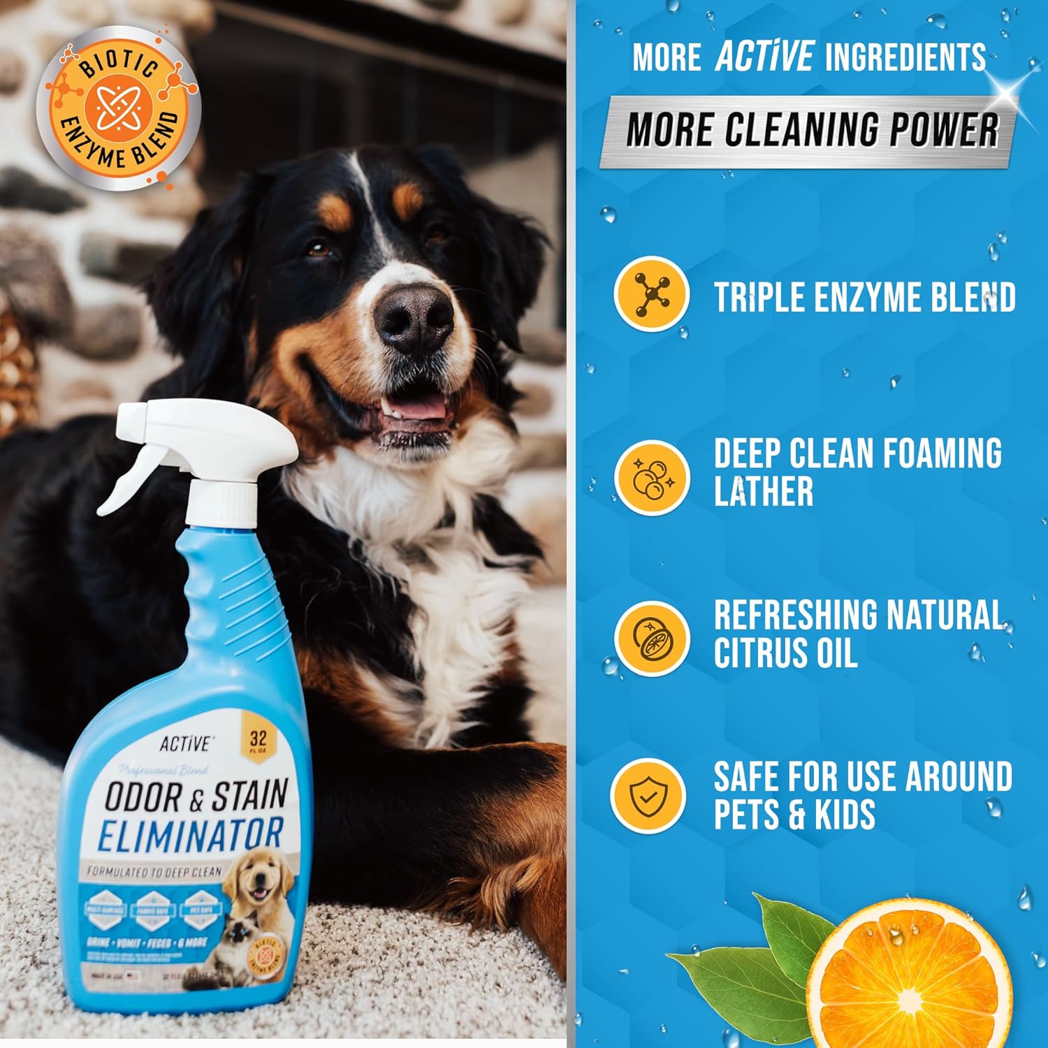 Pet Odor and Stain Eliminator by ACTIVE - 32 oz Enzyme Cleaner for Dog & Cat Urine | Natural Citrus Deodorizer