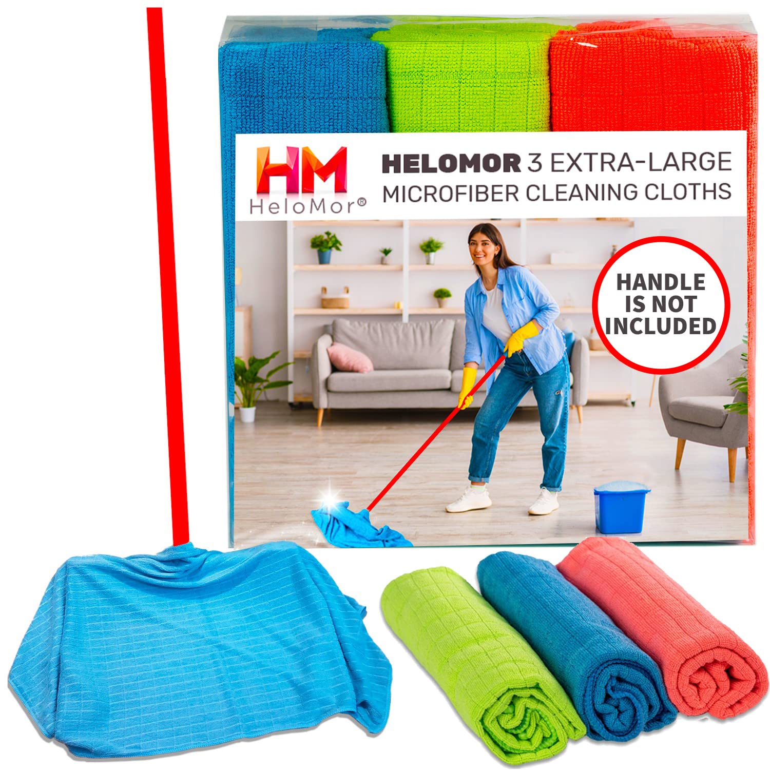 HELOMOR 3 Extra Large Microfiber Cleaning Cloths, 30"x18" Floor Towels for Squeegee Mop, Reusable Multi-Purpose Cleaning Rags for House, Kitchen, Car & Windows, Highly Absorbent, Lint-Free