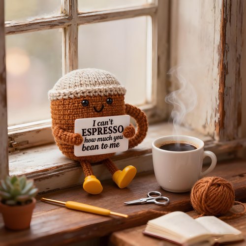 Birthday Gifts for Women,Cute Coffee Mug Desk Decor,Positive Espresso Emotional Crochet Handmade, Funny Happy Christmas Dolls for Women Men Girls Coffee Lover Gifts