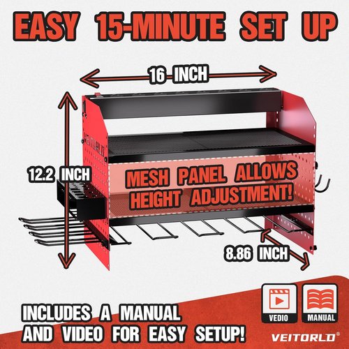 **Skiennix Power Tool Organizer - Heavy Duty Wall Mount Rack with Charging Station | 4 Drill Holders, Red**