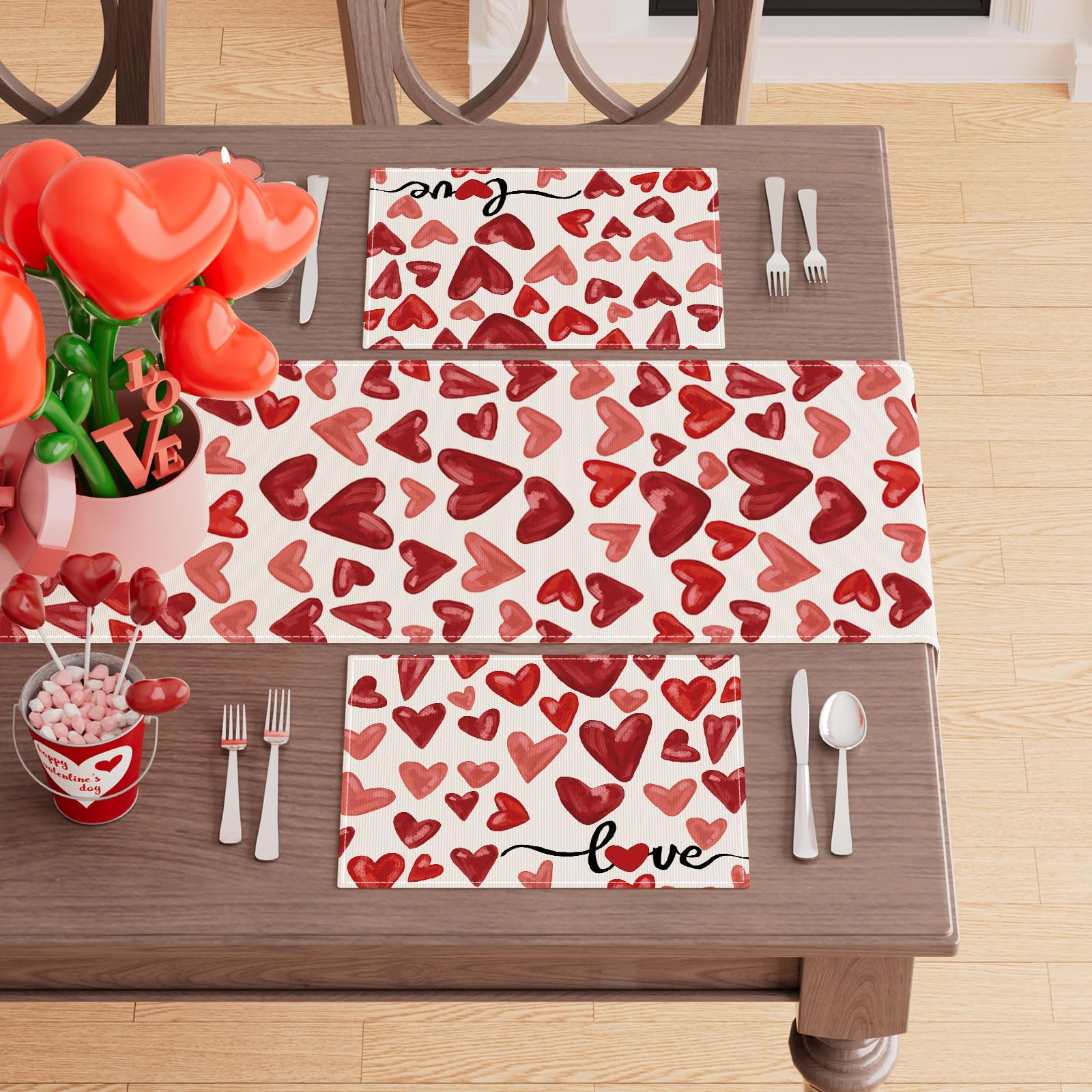 XCHI Watercolor Red Love Hearts Valentine’s Day Placemats Set of 6 Table Mats for Party Home Kitchen Dining Table Decorations 12x18 Inch