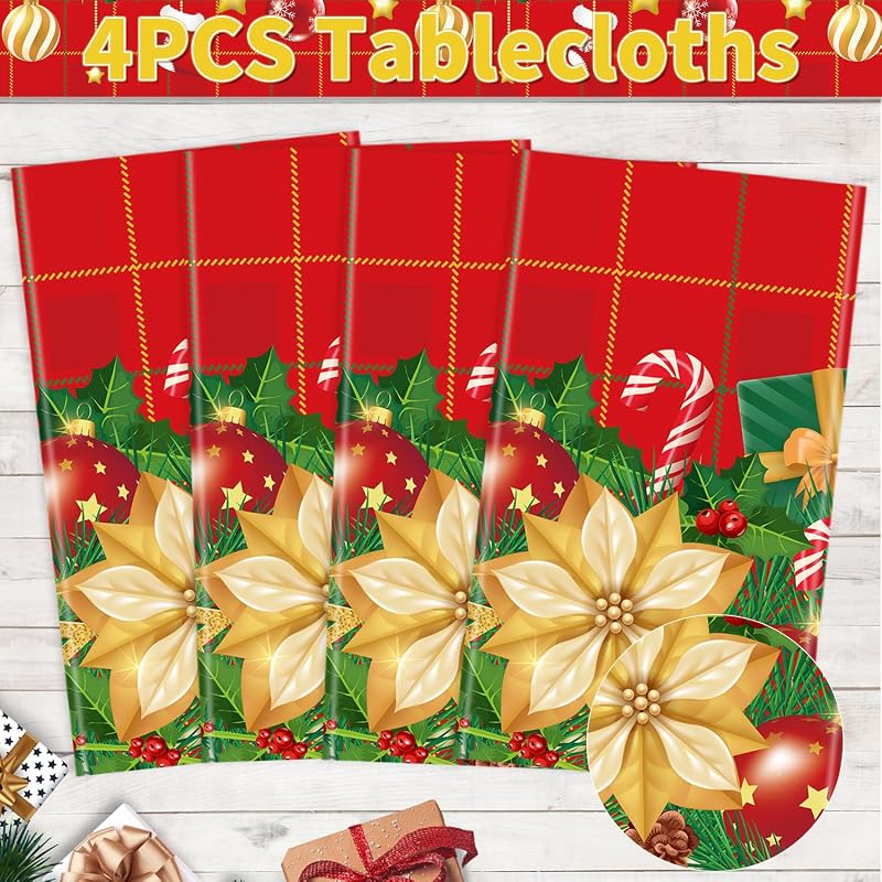 4 Pcs Christmas Poinsettia Plaid Tablecloth 51 x 86 inches - Red Holiday Plastic Table Cover (Variation of THIS listing: 1)