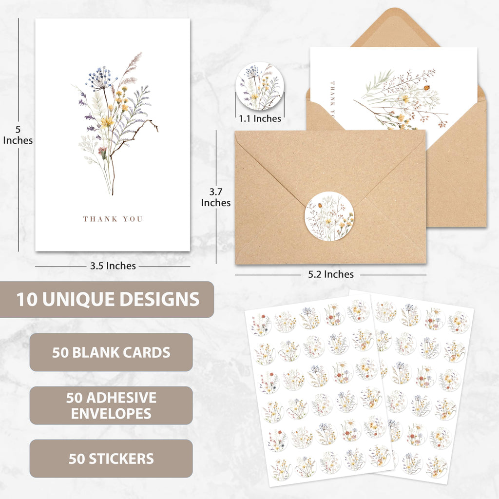 AUDREE Wildflower Thank You Cards with Envelopes (50 Pack 3.5" x 5.2") – Floral Thank You Notes with Adhesive Envelopes & Matching Stickers for Weddings, Baby & Bridal Showers