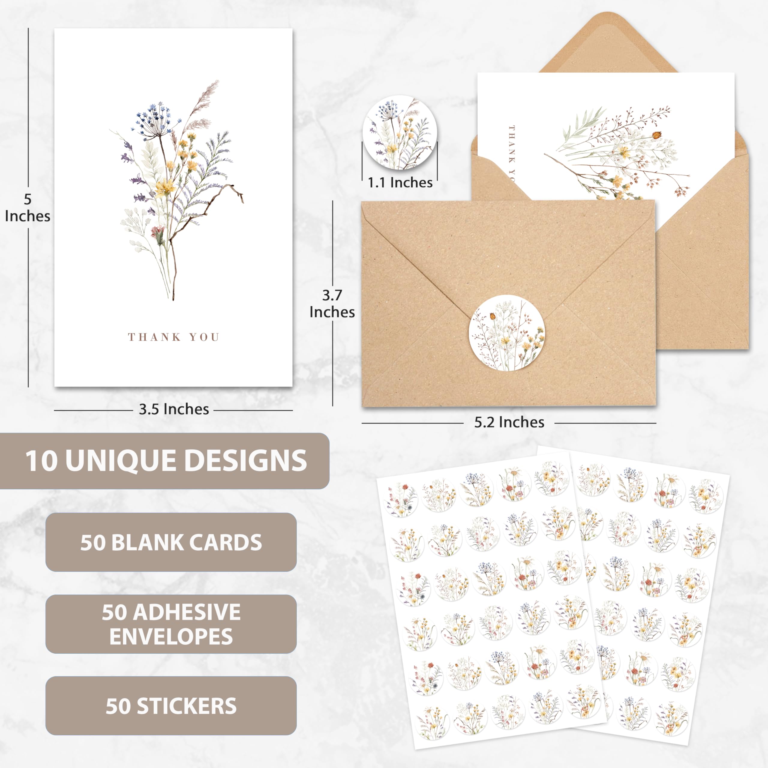 AUDREE Wildflower Thank You Cards with Envelopes (50 Pack 3.5" x 5.2") – Floral Thank You Notes with Adhesive Envelopes & Matching Stickers for Weddings, Baby & Bridal Showers