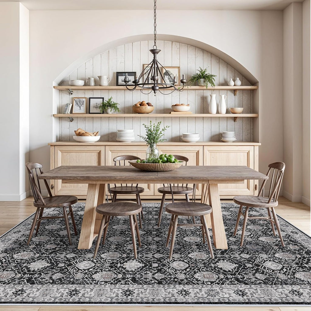 Skiennix Washable Large Area Rug - Ultra Soft Non-Slip 9x12 Oriental Carpet for Living Room | Stain Resistant Black