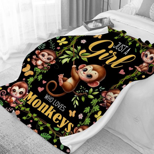 Just A Girl Who Loves Monkeys Blanket for Girls - Ultra Soft,Breathable,Comfortable Flannel Throw for Couch, Sofa,Bedroom - Cute Monkey Animal Pattern Home Decor -40"x50"-Kids/Throw Size
