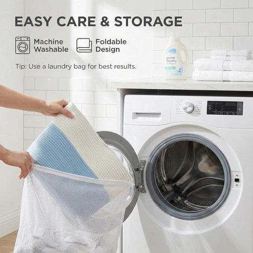 JMvicyroam 65L Extra Large Blanket Basket - Woven Cotton Rope Laundry Hamper with Reinforced Handles | Machine Washable, White & Blue