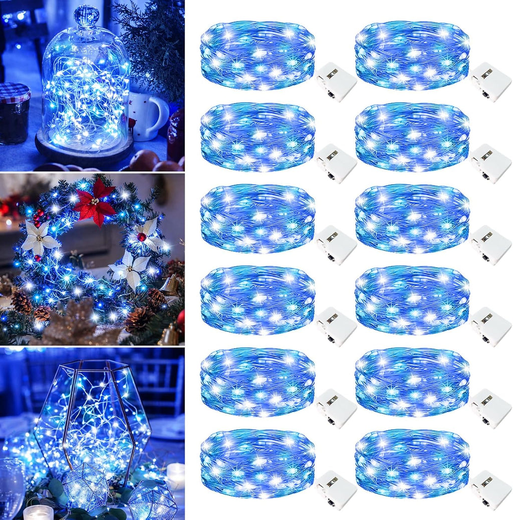 Skiennix 12 Pack Fairy Lights - 7ft Battery Operated Twinkle Lights, Waterproof for Mason Jars & DIY Decor | Blue & White