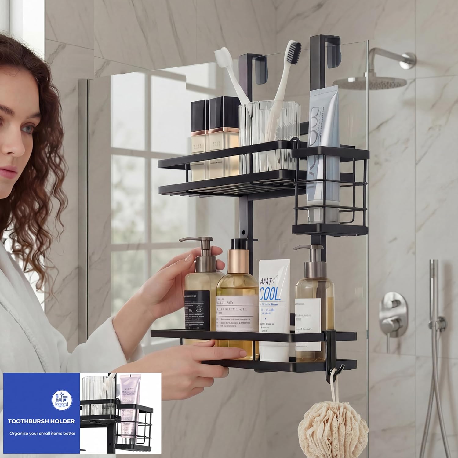 Skiennix Over The Door Shower Caddy - Rustproof 2-Tier Bathroom Organizer with Waterproof Phone Pouch - Black