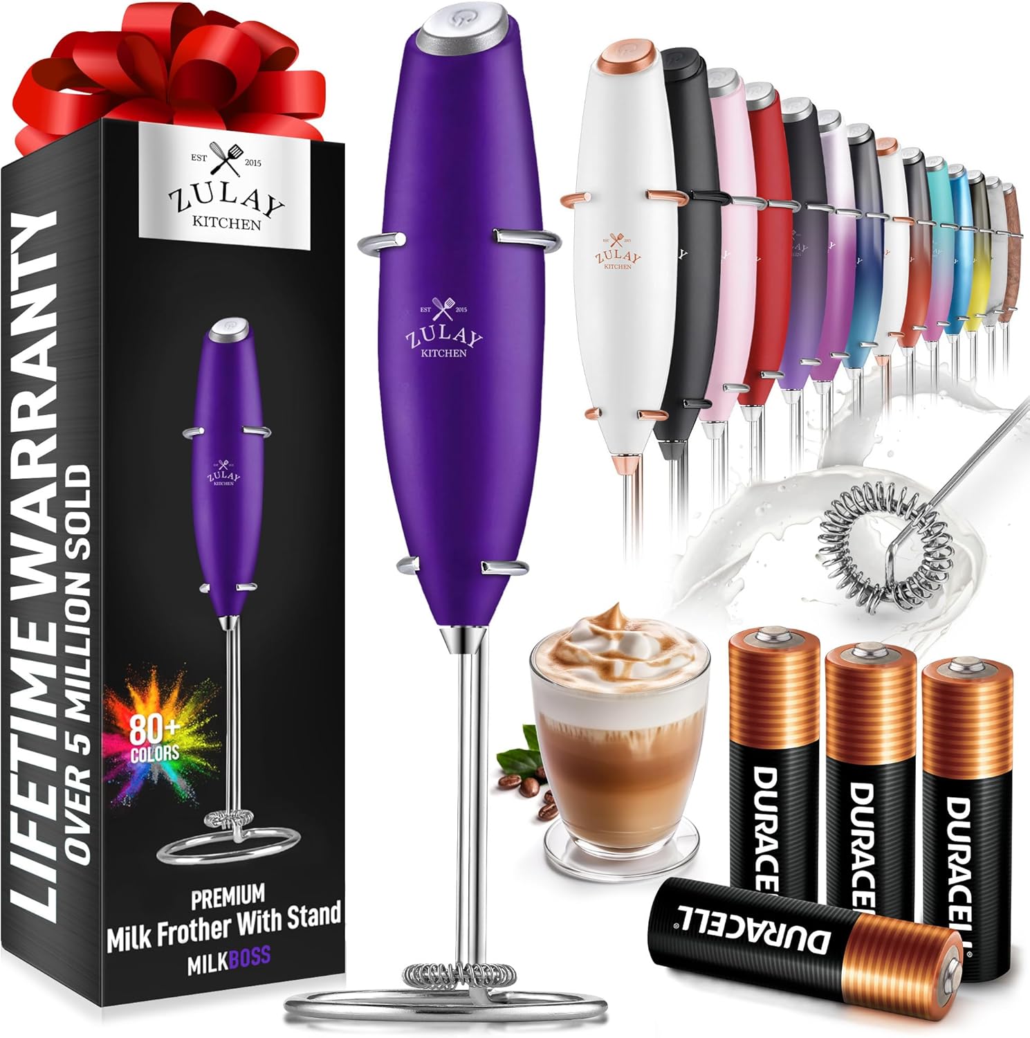 Zulay Kitchen Milk Frother Wand - Ultra Fast Electric Whisk for Coffee & Lattes - Includes 4 AA Batteries - Grape