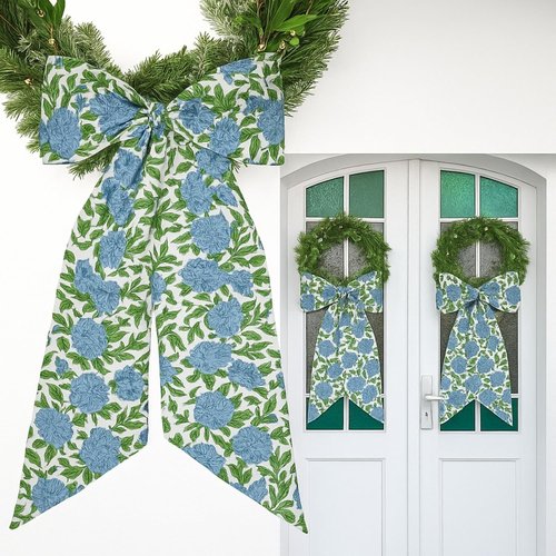 HunnmingRe Hydrangea Bow Wreath Sash - 24 x 16 Inch Christmas Decor for Front Door | Blue Green Floral Burlap