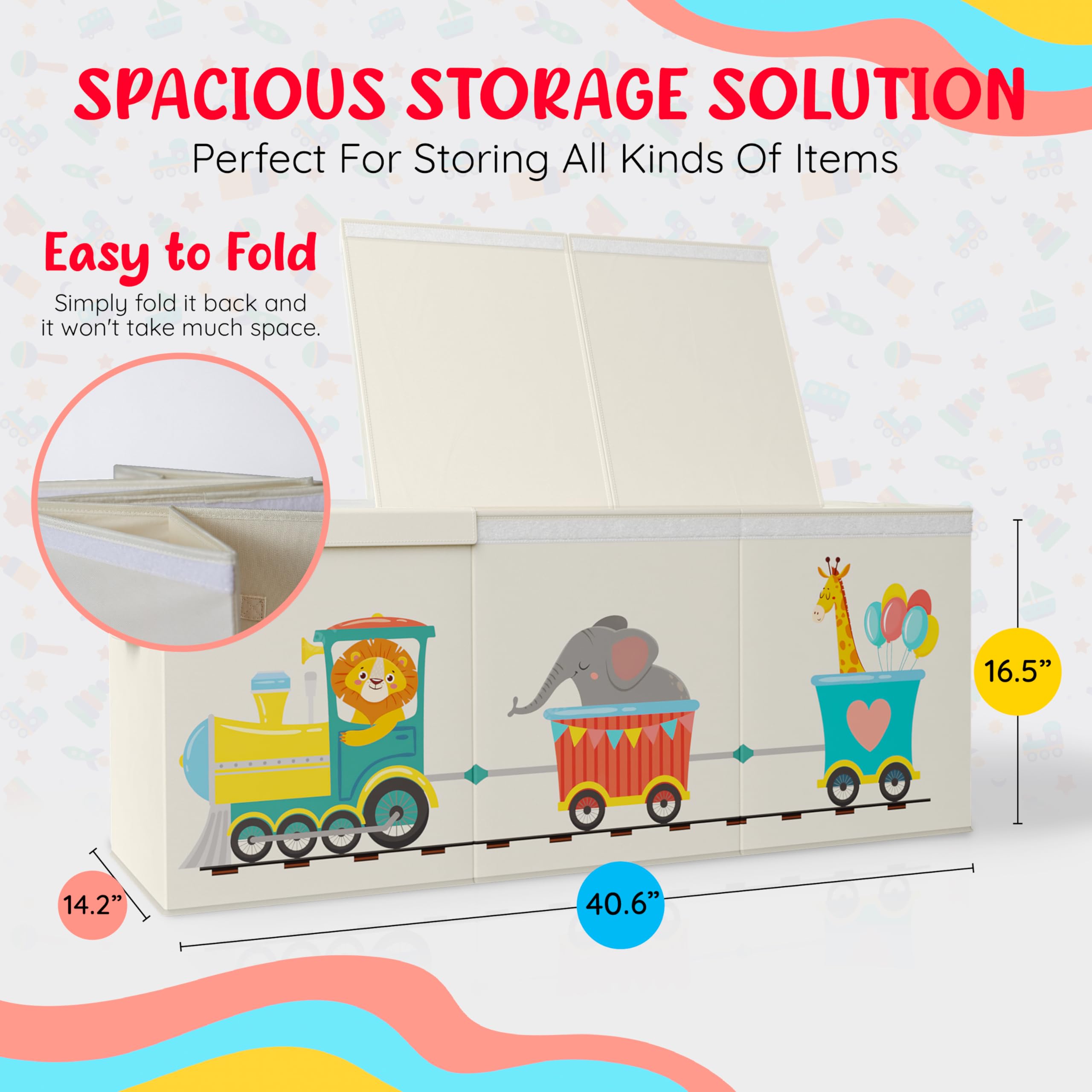 Rossoff Extra Large Collapsible Sturdy Toy Storage Organizer with Lids, Animal Train Toy Box for Boys Girls, 40"x16"x16", Modern, Beige