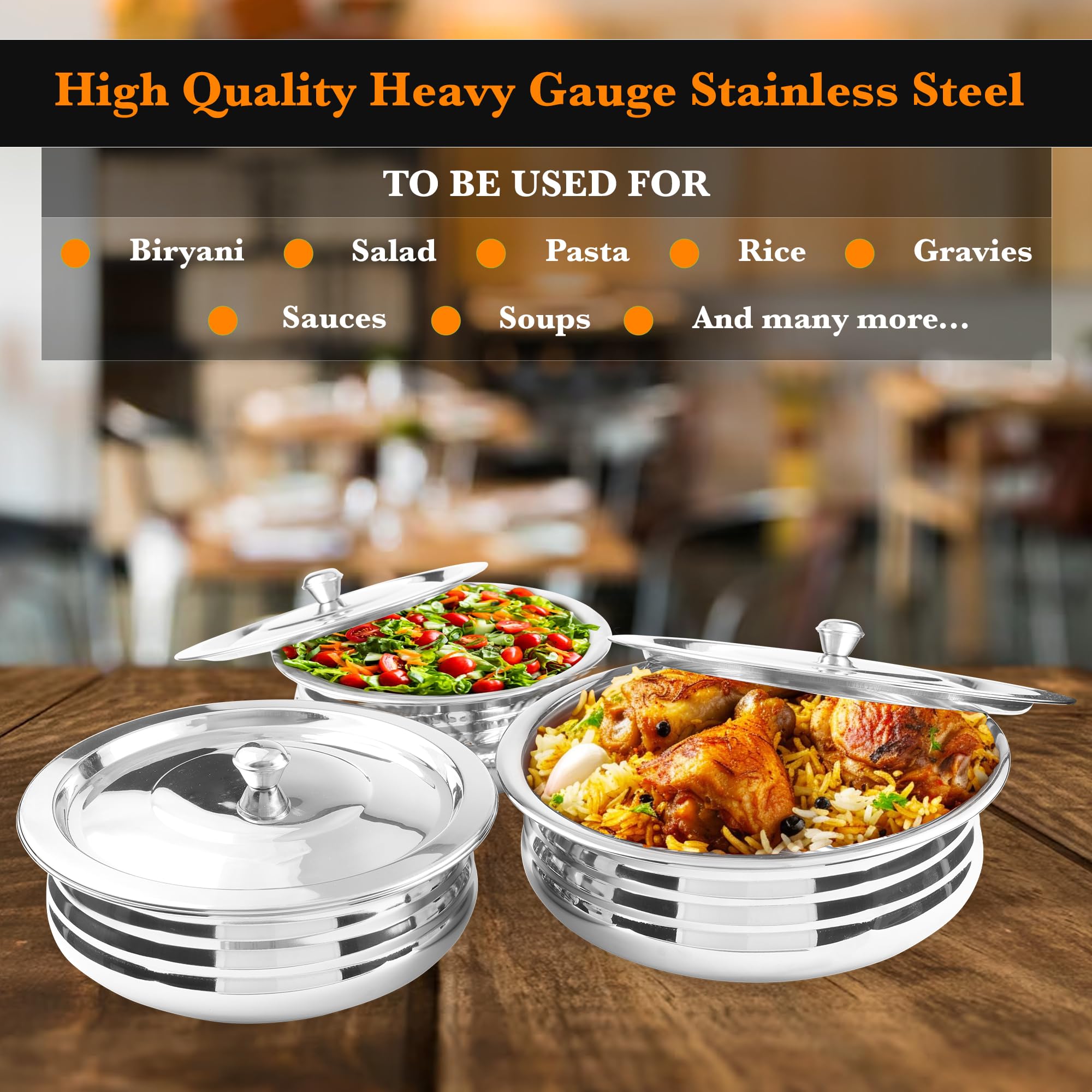 CRAFTONE Stainless Steel Heavy Duty Induction Cooking Pot Cook and Serve Handi With Lid Set of 3 pcs, Premium Steel Tope, Patila Handi for both cooking and serving (1.9 Qt, 2.4 Qt and 3.3 Quart)