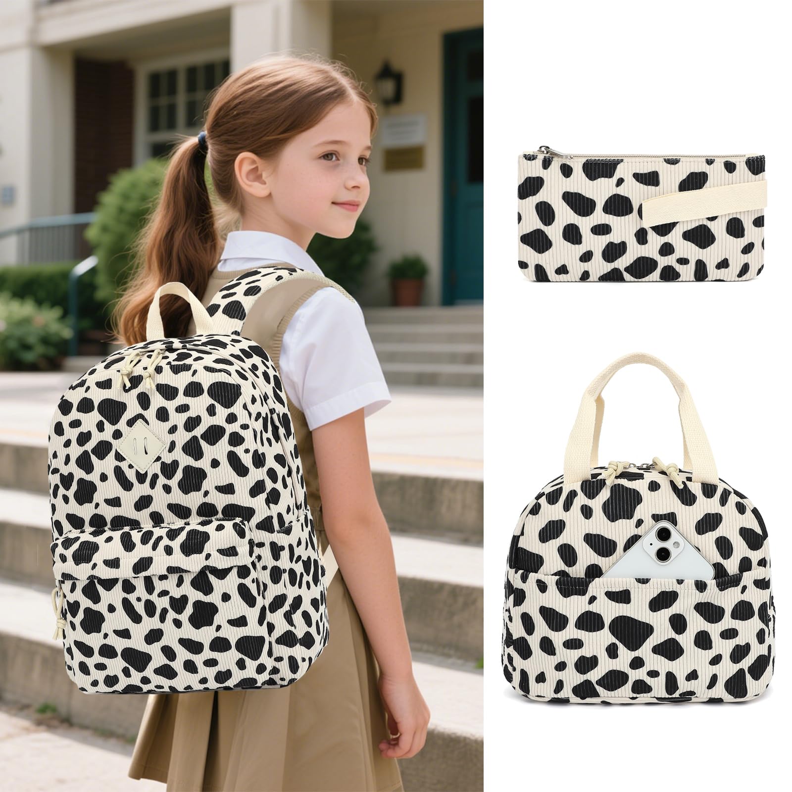 Yusudan Corduroy Girls Backpack Set, 3PCS School Backpacks for Kids Elementary Middle School Bags with Lunch Box Pencil Case (Beige Corduroy Cow Print)