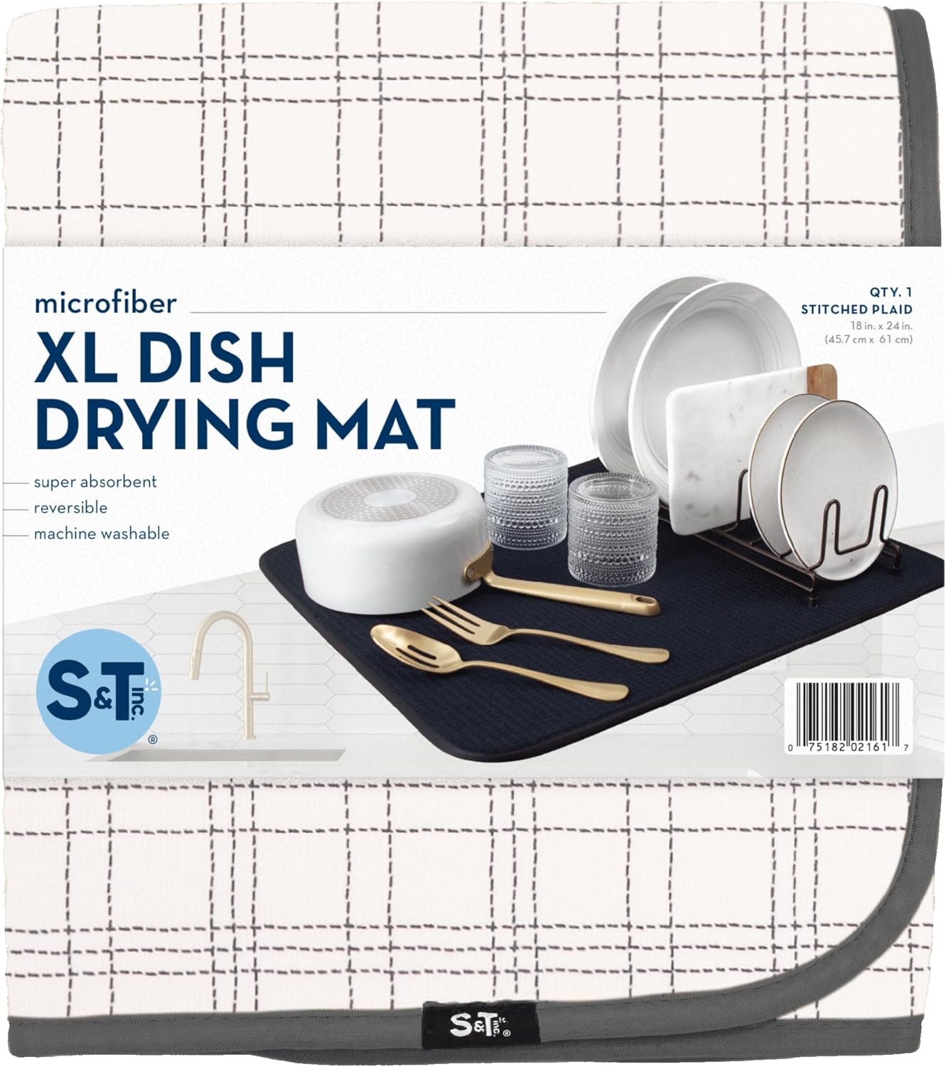 S&T INC. XL Dish Drying Mat - Absorbent Microfiber Kitchen Counter Pad | 18” x 24” Stitched Plaid