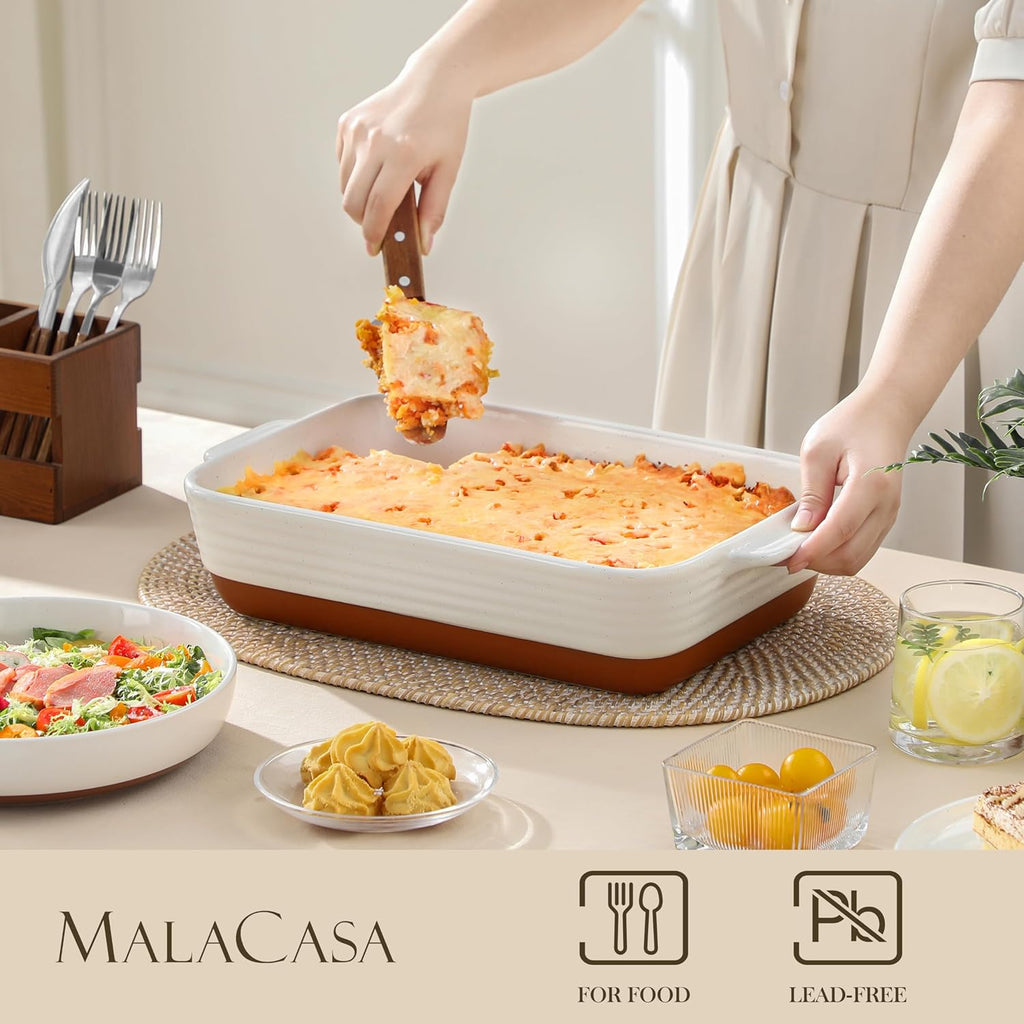 MALACASA 4.8 Qt Ceramic Baking Dish - Deep Roasting Pan with Stainless Steel Rack & Handles | 9x13 Inch, Khaki & White