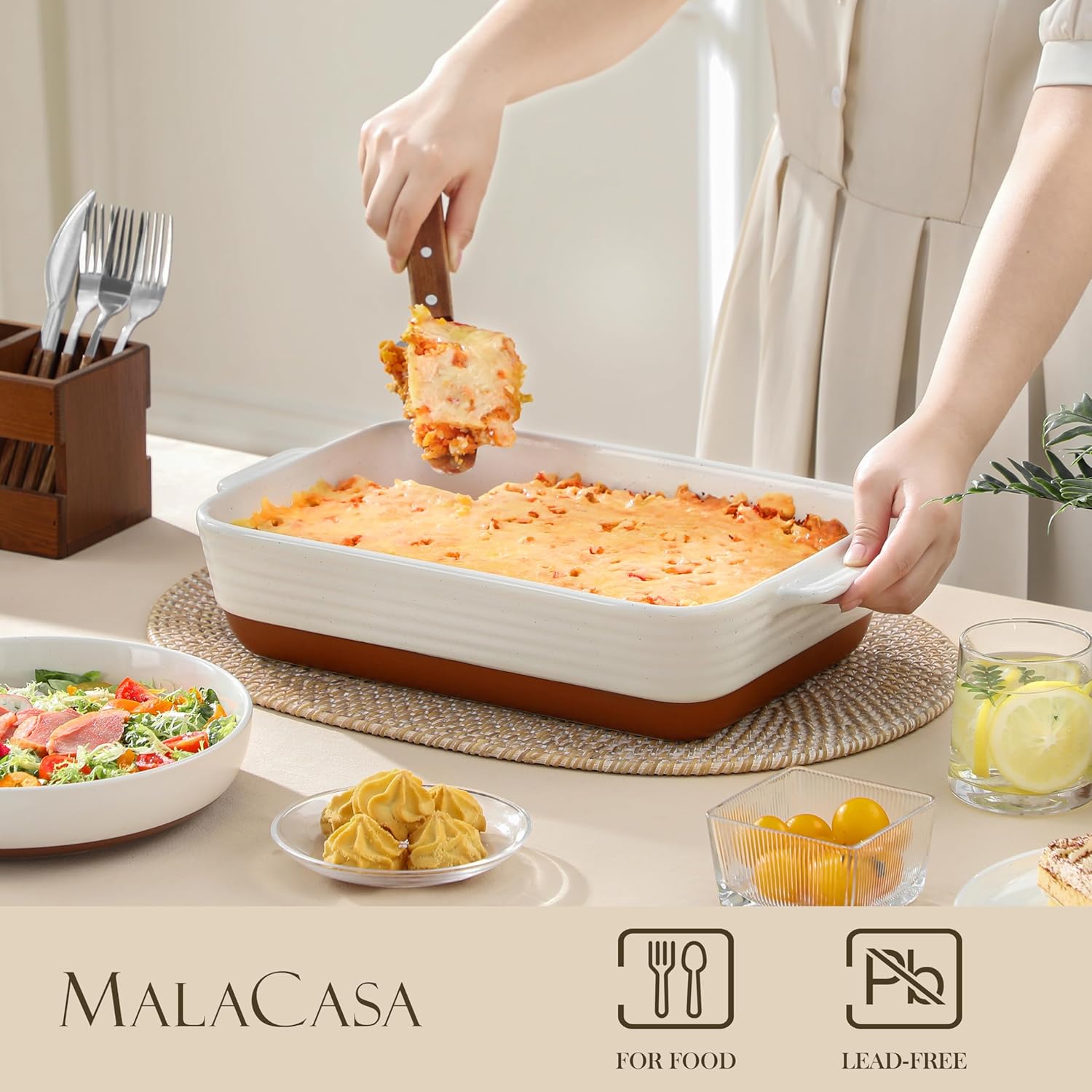 MALACASA 4.8 Qt Ceramic Baking Dish - Deep Roasting Pan with Stainless Steel Rack & Handles | 9x13 Inch, Khaki & White