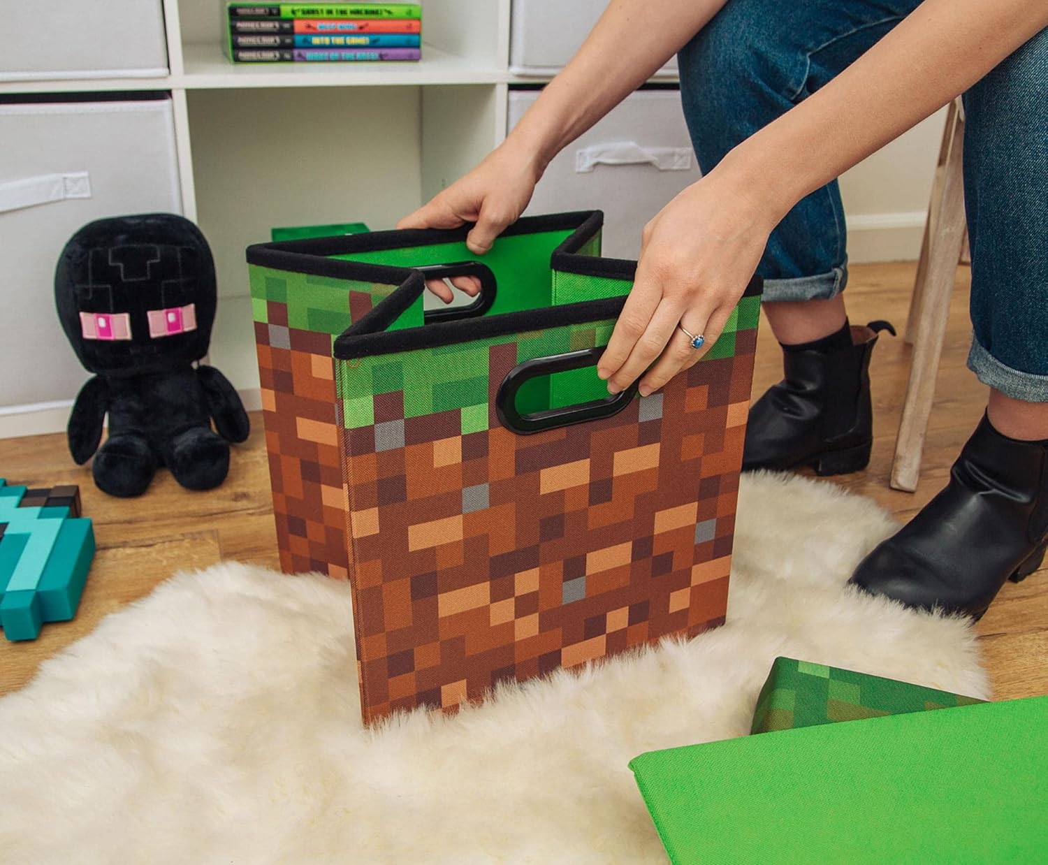 Minecraft Grassy Block Storage Bin - 13-Inch Foldable Fabric Chest with Lid | Versatile Organizer for Home Decor & Video Game Gifts