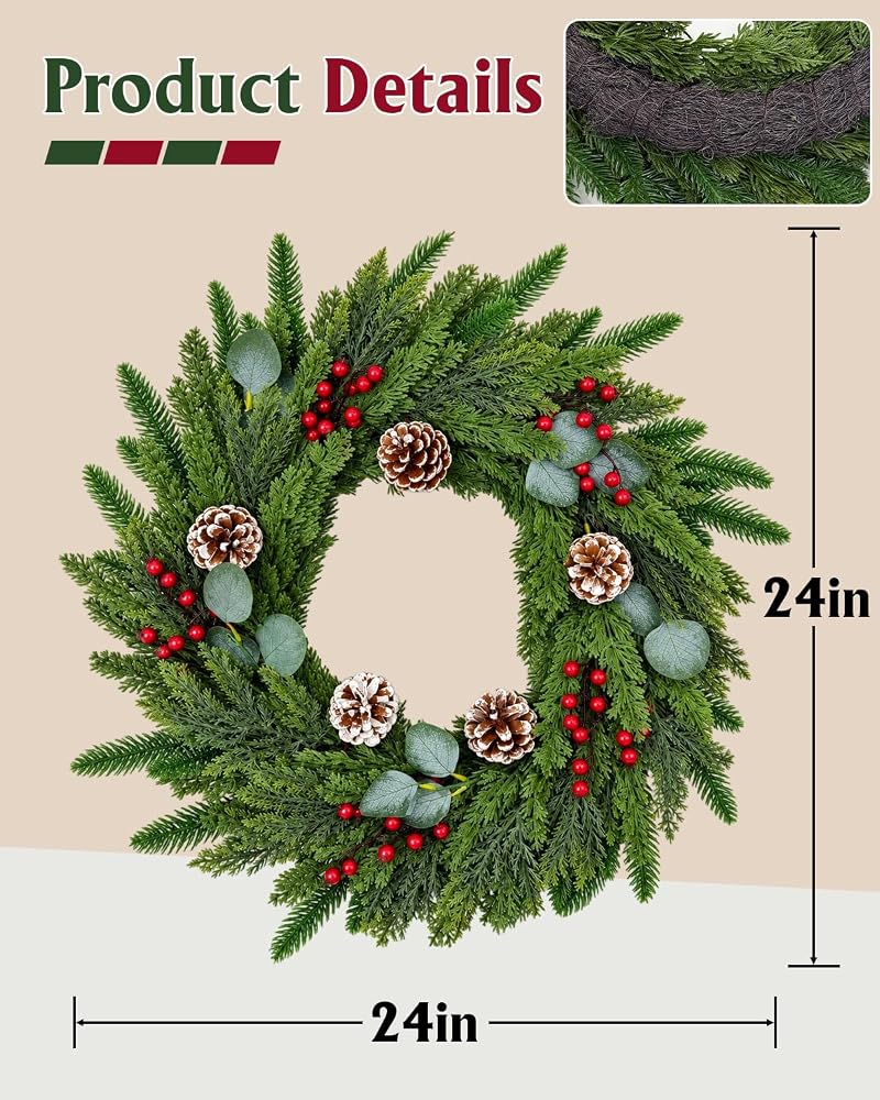 24-Inch Real Touch Pine Wreath with Red Berries & Cones — Indoor/Outdoor Holiday Decor