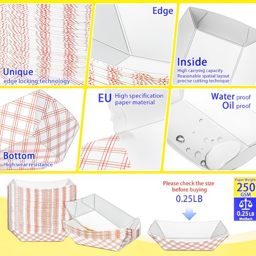 MotBach 100 Pack Checkered 1/4Lb Small Paper Food Boat Trays,Mini Disposable Paper Boats Containers,0.25Lb Tiny Kraft Food Serving Boat Tray for Snack Dessert Fries Sauce Taco Nacho