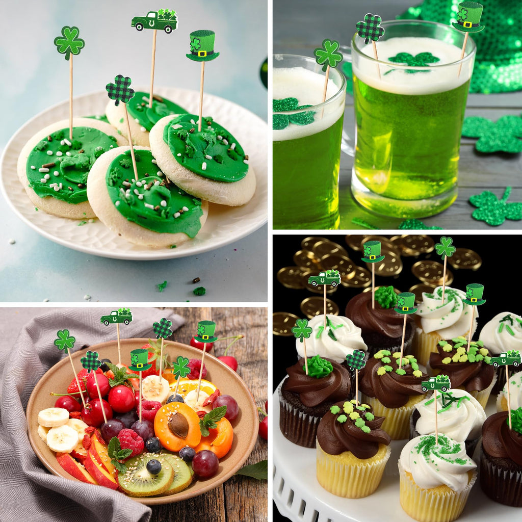 100 Pcs St Patrick's Day Shamrock Cocktail Picks Irish Green Hat Beer Clover Cupcake Toppers Disposable Party Shamrock Sticks for St. Patrick's Day Decoration Party(Truck Style)