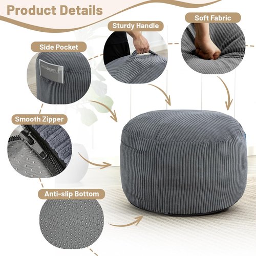 Manyday Round Stuffed Pouf Ottoman,Corduroy Foot Rest with Rebound Foam Filled, Furry and Fluffy Foot Stool Ottoman, Floor Poufs for Living Room (Gray, 20" D x 20" W x 15" H)