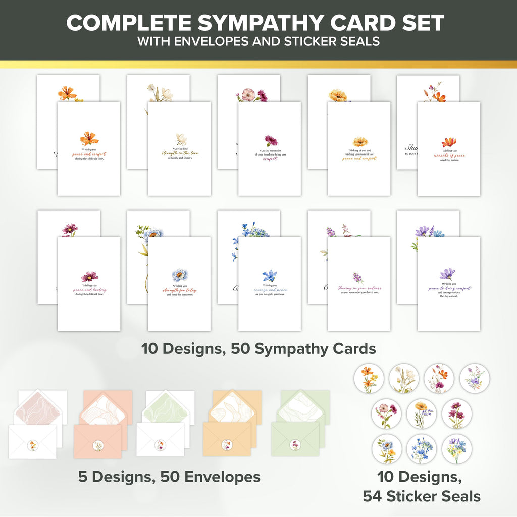 Decorably 50 Pack 4x6in Bulk Sympathy Cards with Envelopes & Stickers, 10 Folded Floral Designs with Printed Message Inside - Burial, Grief, Bereavement, Loss of Loved Ones