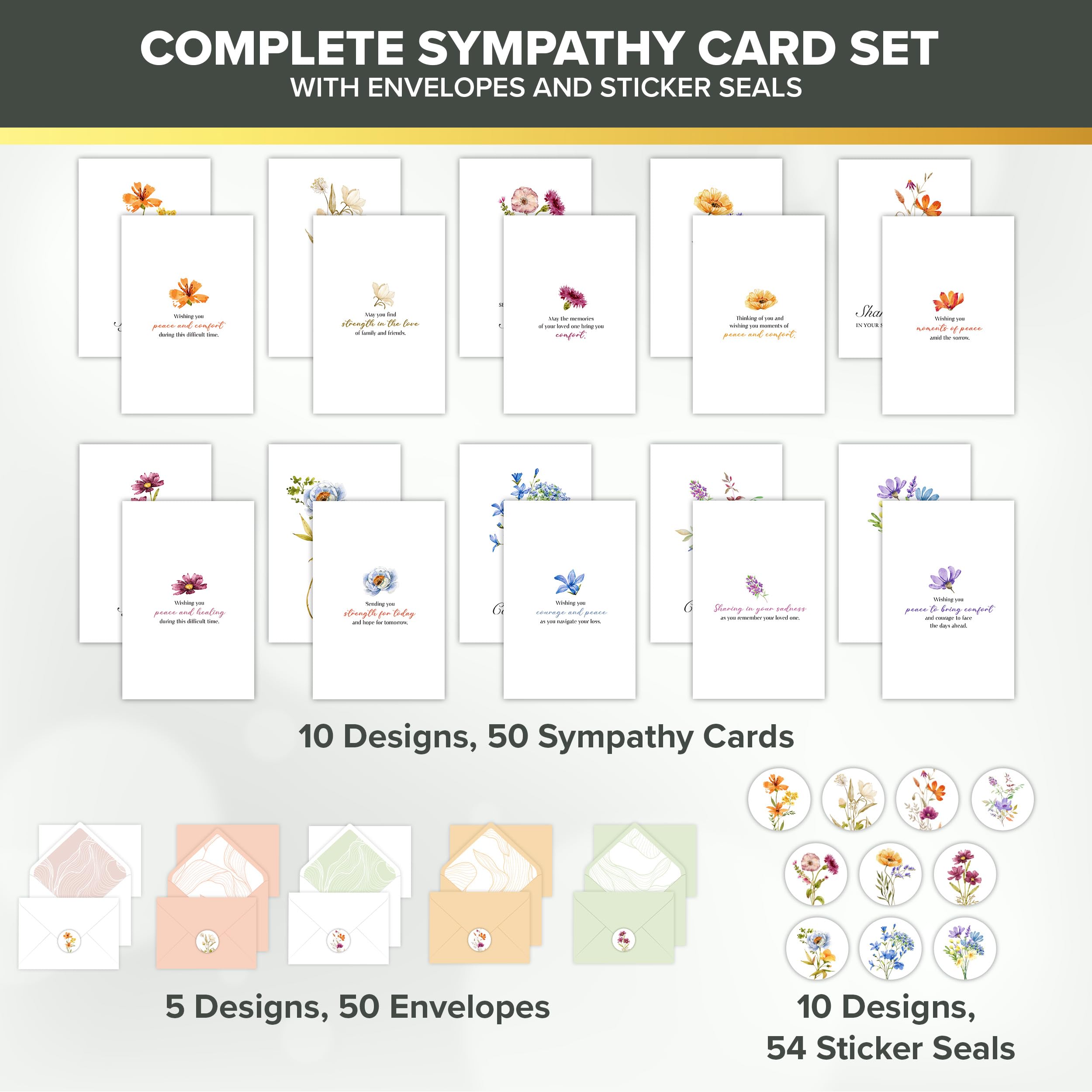 Decorably 50 Pack 4x6in Bulk Sympathy Cards with Envelopes & Stickers, 10 Folded Floral Designs with Printed Message Inside - Burial, Grief, Bereavement, Loss of Loved Ones
