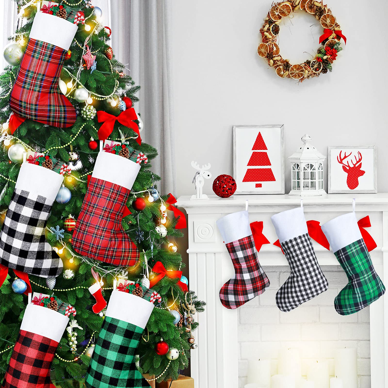 Tatuo 8 Pieces Buffalo Plaid Christmas Stockings Bulk Fireplace Hanging Stockings Xmas Indoor Outdoor Decorations for Family Party Christmas Tree(20 Inches)