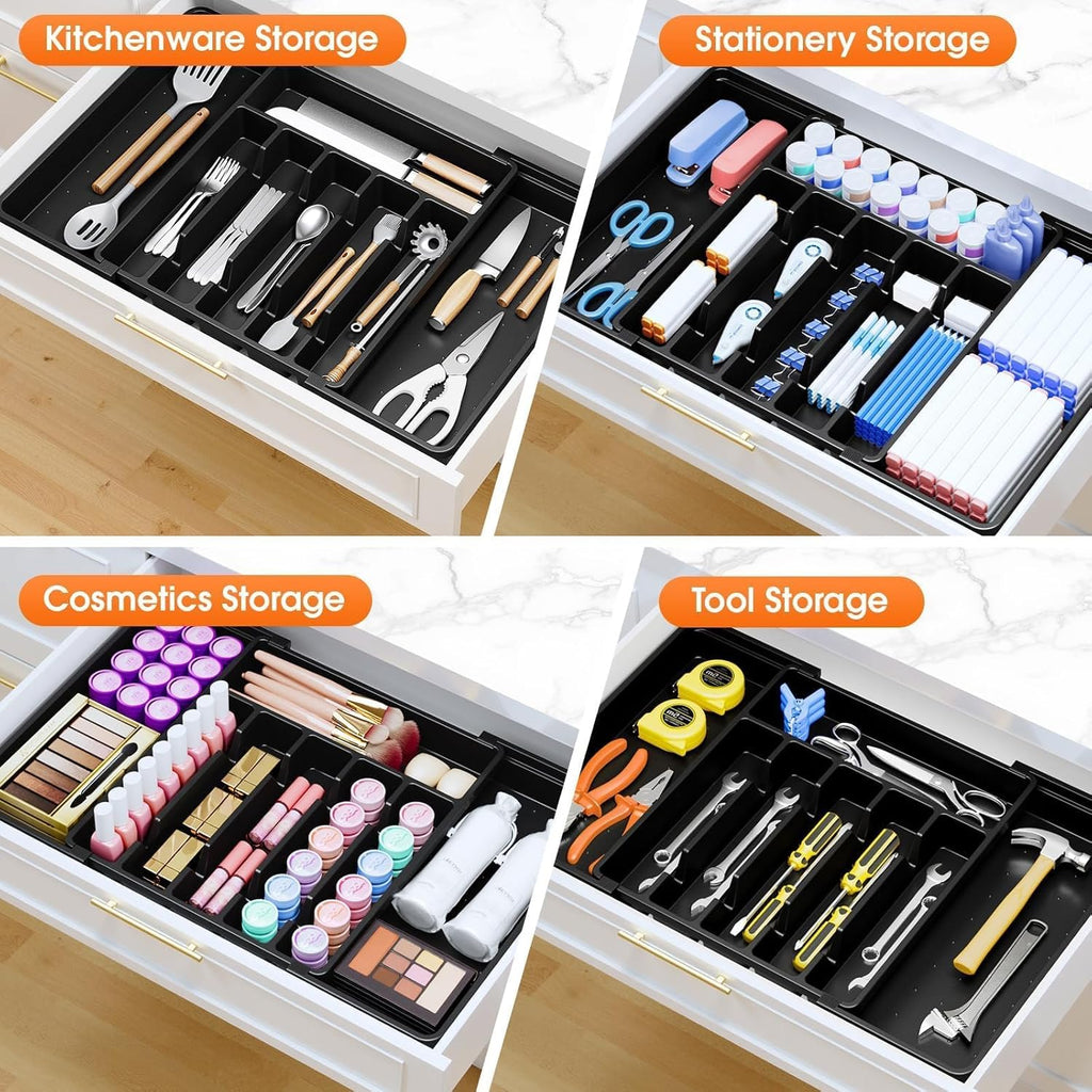 SpaceHacks Adjustable Silverware Organizer - Expandable Utensil Holder for Kitchen Drawers, Large, Black