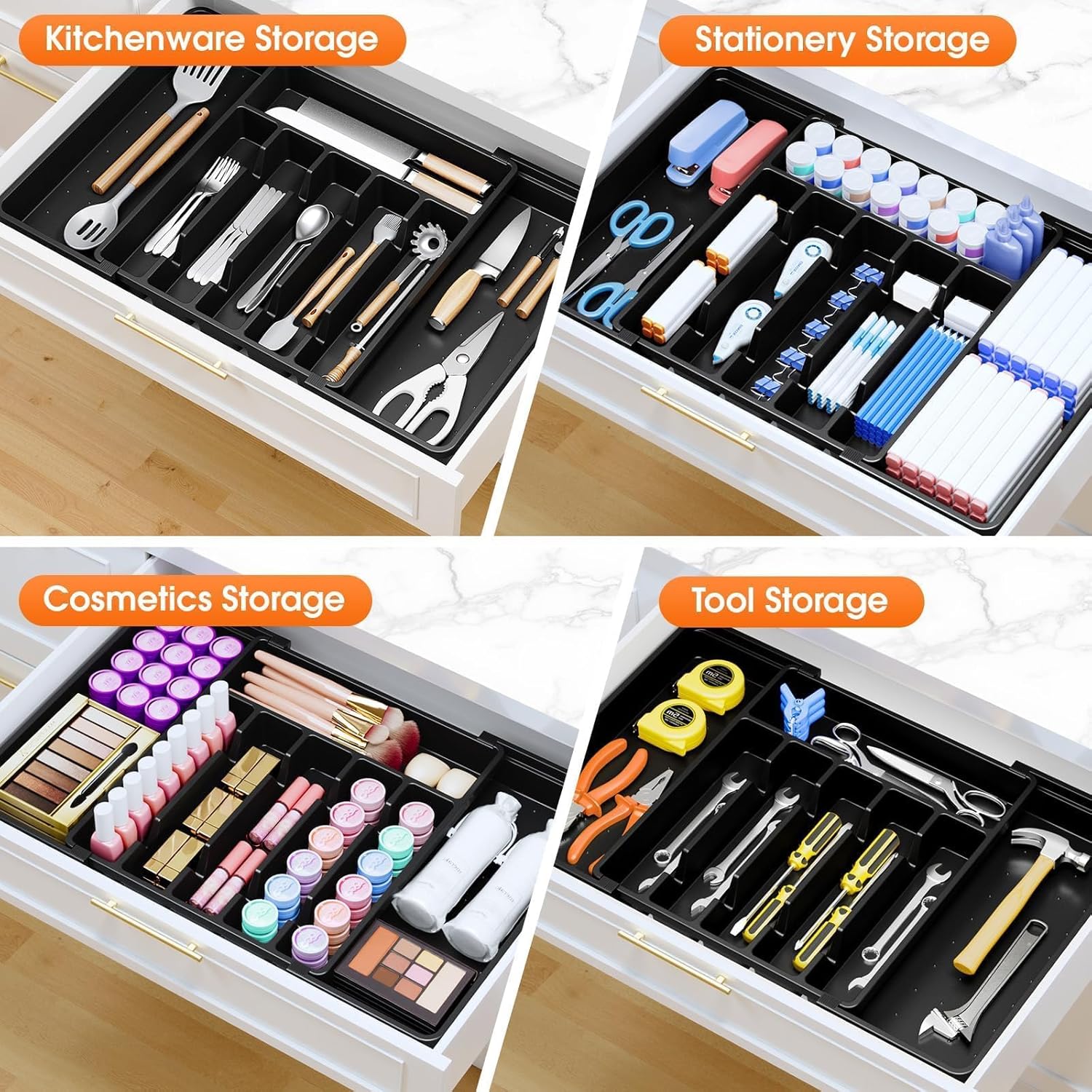 SpaceHacks Adjustable Silverware Organizer - Expandable Utensil Holder for Kitchen Drawers, Large, Black