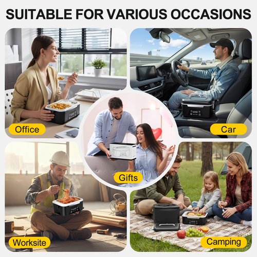 ISNIKA Cordless Heated Lunch Box For Adults, 1.5L (6 Cups) Rechargeable Electric Lunch Box Battery Powered With Scheduled Heating, Automatic Heating,Portable Food Warmer With Insulated Bag (Black)