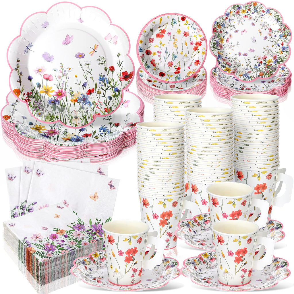 Pickmesh 252 Pcs Floral Tea Party Supplies for 36 Guests Wildflower Paper Disposable Dinnerware Floral Teacups with Handle and Saucers Sets for Tea Party Decorations Birthday Baby Shower Wedding