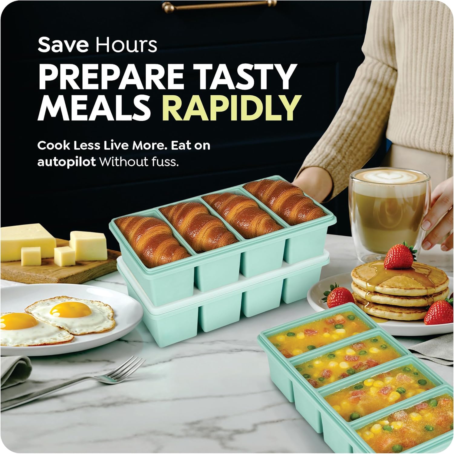 Skiennix Silicone Freezer Trays - Leakproof 1-Cup Ice Cube Containers, BPA-Free, 2-Pack for Meal Prep