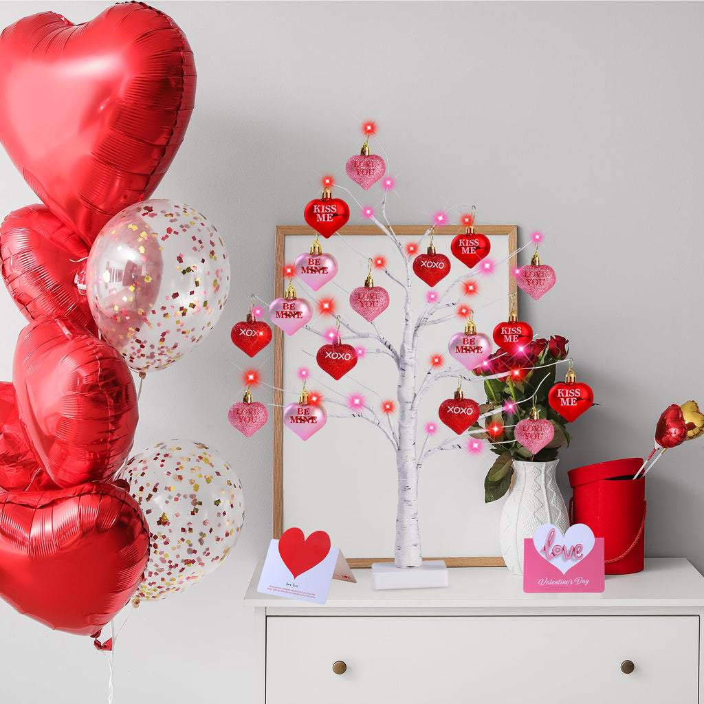 Sggvecsy 2 Pack Birch Trees with Heart Ornaments 24’’ Artificial Heart Table Tree Valentines Day Decorations with Cards Tree Decor for Valentine's Day Gifts Home Party Festival Decorations
